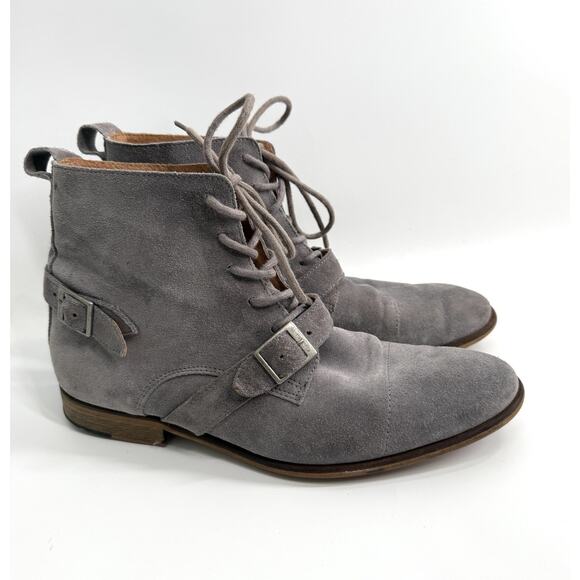 Steve Madden Hound Suede Leather Boots Gray Ankle Size 10 Lace Up Buckles Shoes - Picture 2 of 8
